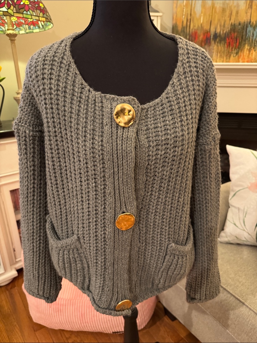 JOWELL Paris - Cozy Light Gray Knit Cardigan with Gold Buttons - NWT
